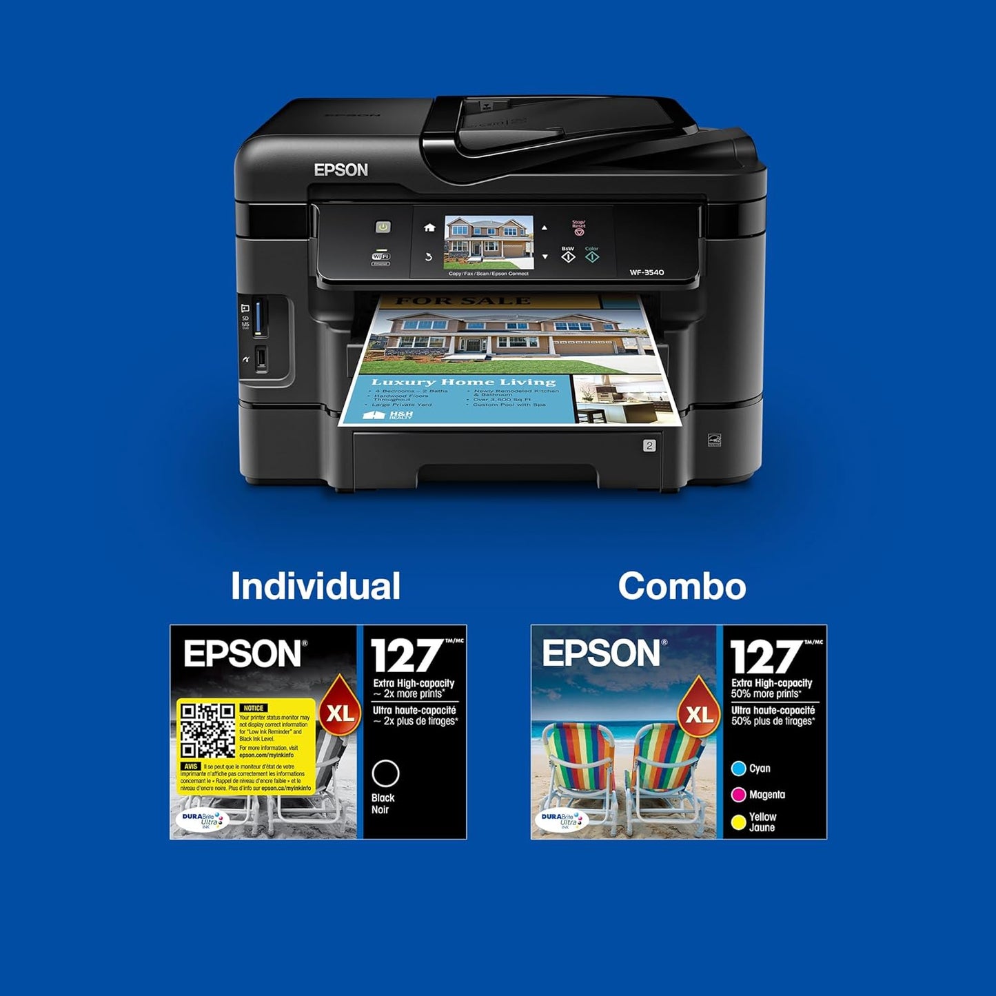 EPSON 127 DURABrite Ultra Ink Color Combo Pack For NX-530, NX-625, WF-3520, WF-3530, WF-3540, WF-545, WF-60, WF-630, WF-633, WF-635, WF-645, WF-7010, WF-7510, WF-7520, WF-840, WF-845