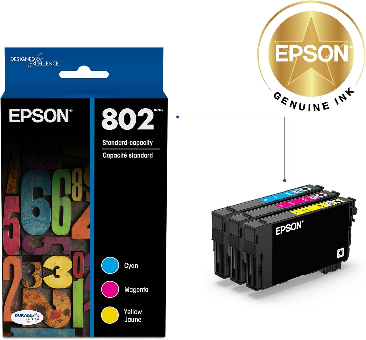 EPSON 802 DURABrite Ultra Ink High Capacity Black & Standard Color Cartridge Combo Pack (T802XL-BCS) Works with WorkForce Pro WF-4720, WF-4730, WF-4734, WF-4740