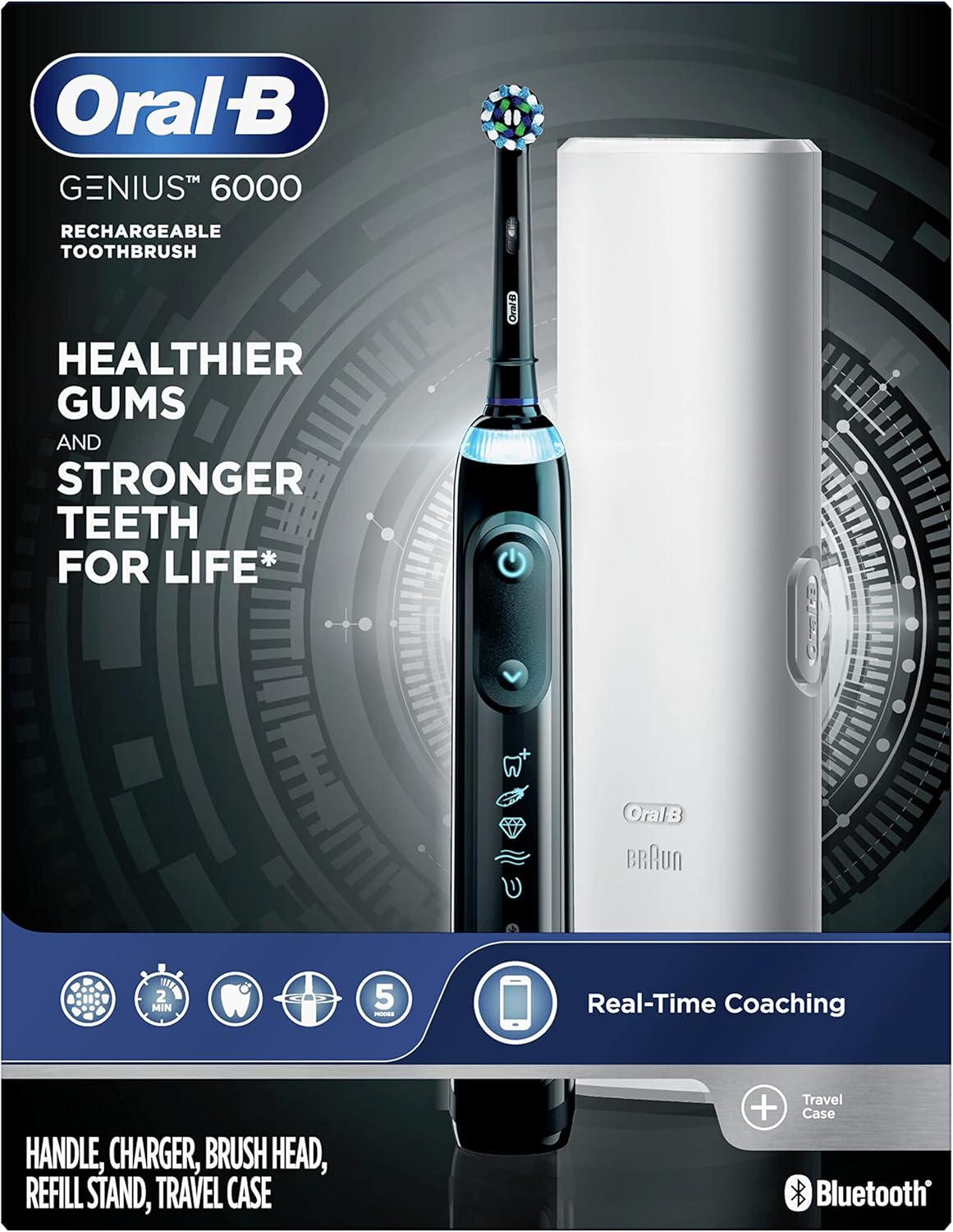 Oral-B iO Series 6 Rechargeable Electric Toothbrush with Visible Pressure Sensor to Protect Gums, 2 Minute Timer, 5 Cleaning Settings, 1 Replacement Toothbrush Head, and Travel Case, Grey Opal